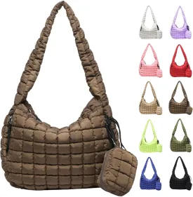 Puffer Tote Bag for Women, Large Quilted Puffer Bag with Pouch, Puffy Quilted Hobo Bag, Puff Crossbody Purse