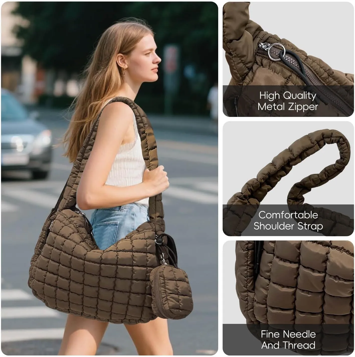 Puffer Tote Bag for Women, Large Quilted Puffer Bag with Pouch, Puffy Quilted Hobo Bag, Puff Crossbody Purse