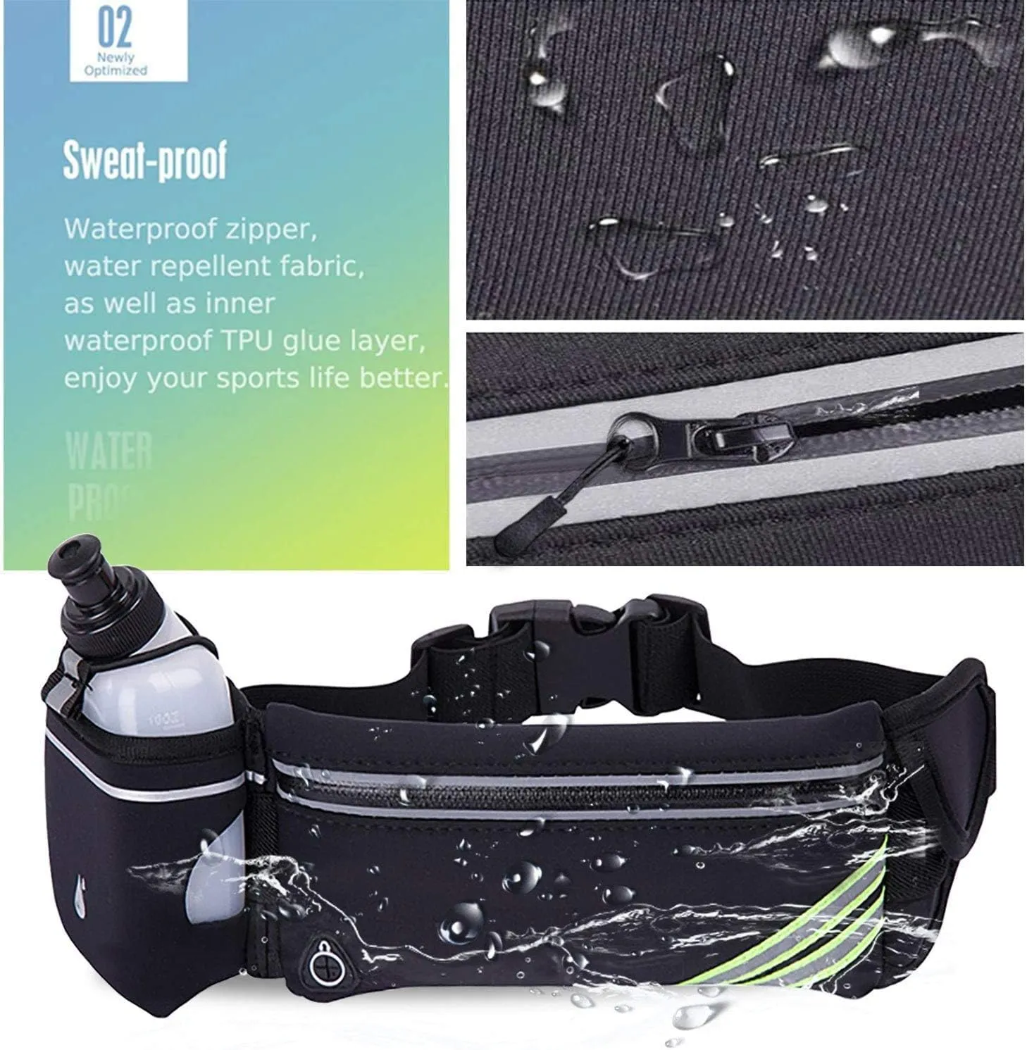 Running Belt with Water Bottle Holder for iPhone 16 15 14 13 12 11 Pro Max Xs 16e Xr X Plus SE Mini/Galaxy,Reflective Phone Belt Bag for Running Women Men Hydration Waist Bag Fanny Pack Pouch