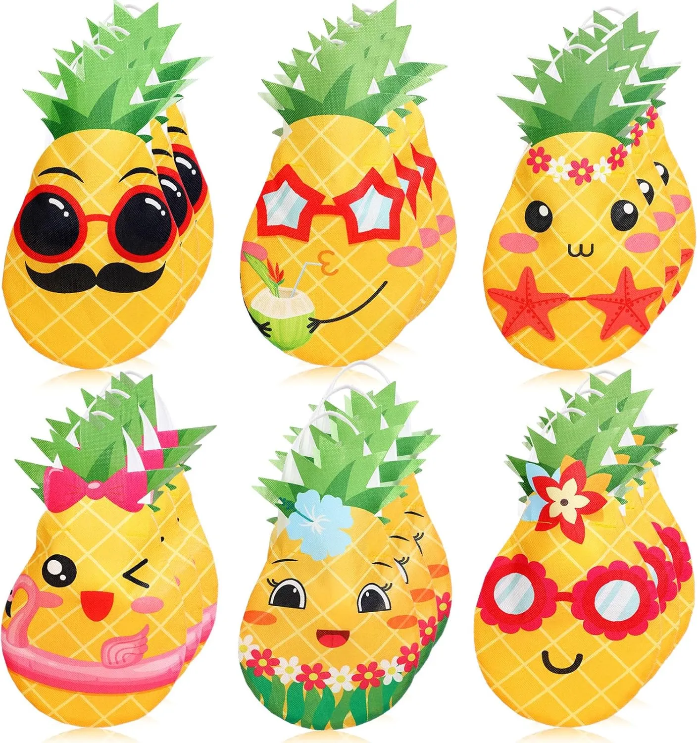Silkfly 24 Pcs Hawaiian Luau Pineapple Party Favor Bags Bulk Non Woven Reusable Yellow Fruit Gift Bags with Handles Summer Pool Beach Luau Theme Party