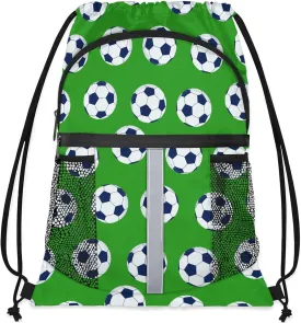 Soccer Drawstring Backpack Green Sports Gym Sackpack for Women Men Waterproof String Bag with Mesh Pockets