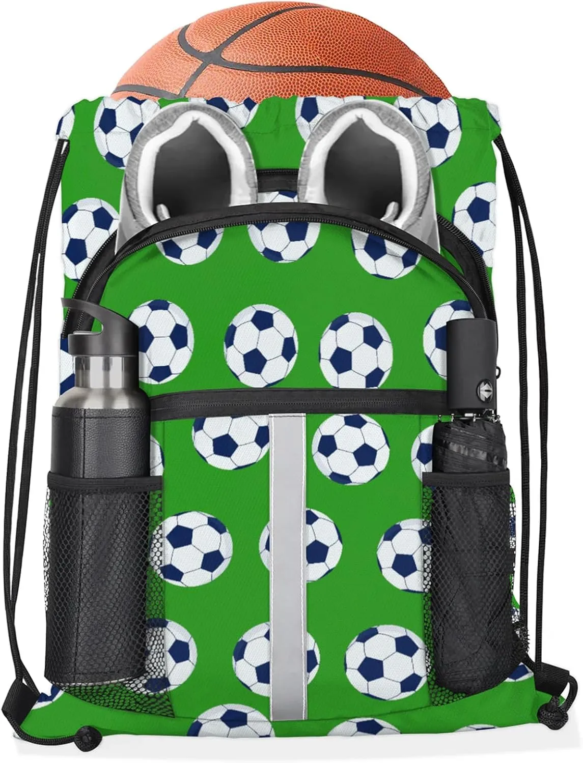 Soccer Drawstring Backpack Green Sports Gym Sackpack for Women Men Waterproof String Bag with Mesh Pockets