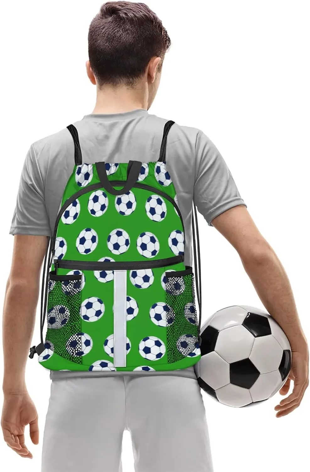 Soccer Drawstring Backpack Green Sports Gym Sackpack for Women Men Waterproof String Bag with Mesh Pockets