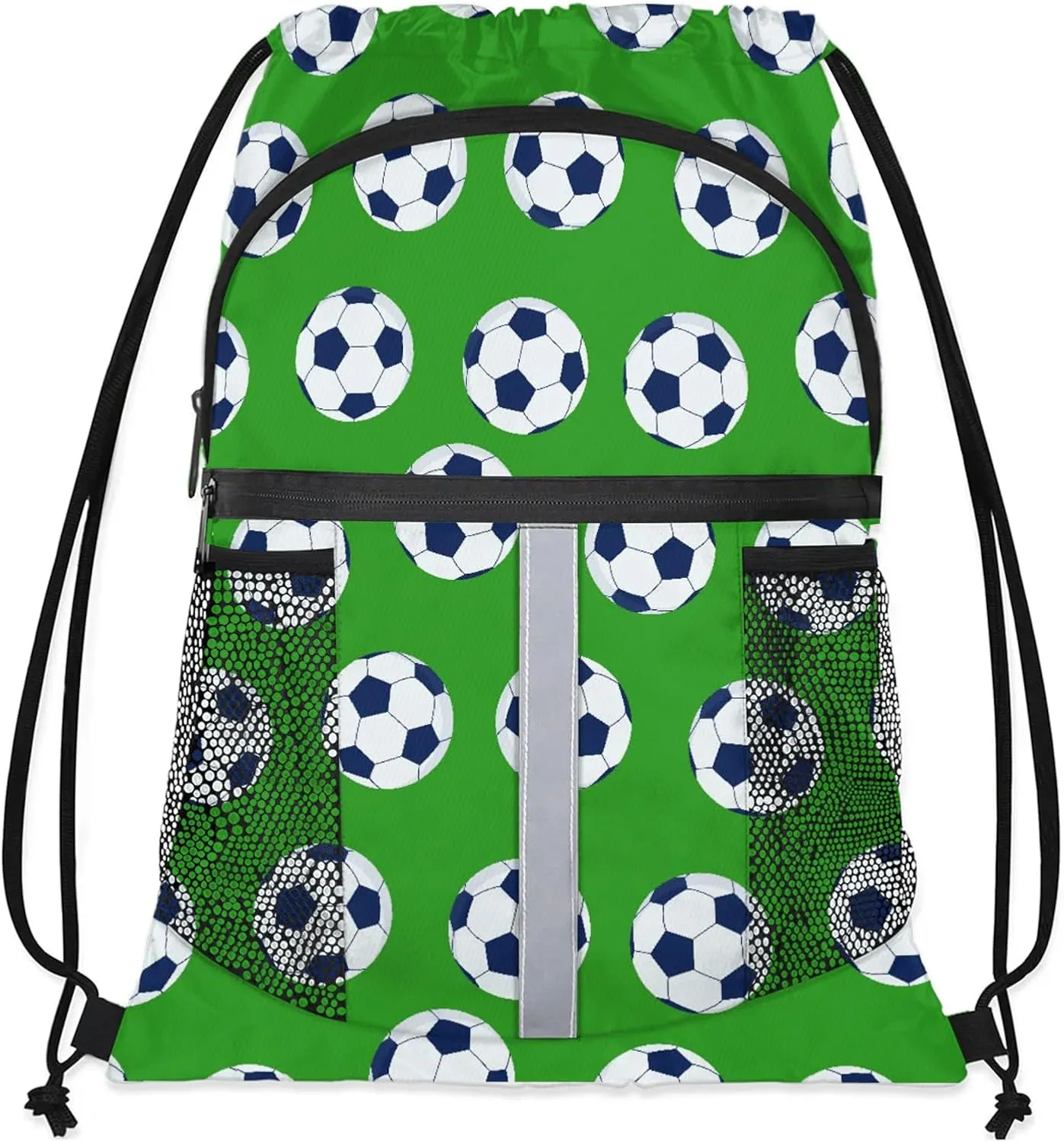 Soccer Drawstring Backpack Green Sports Gym Sackpack for Women Men Waterproof String Bag with Mesh Pockets