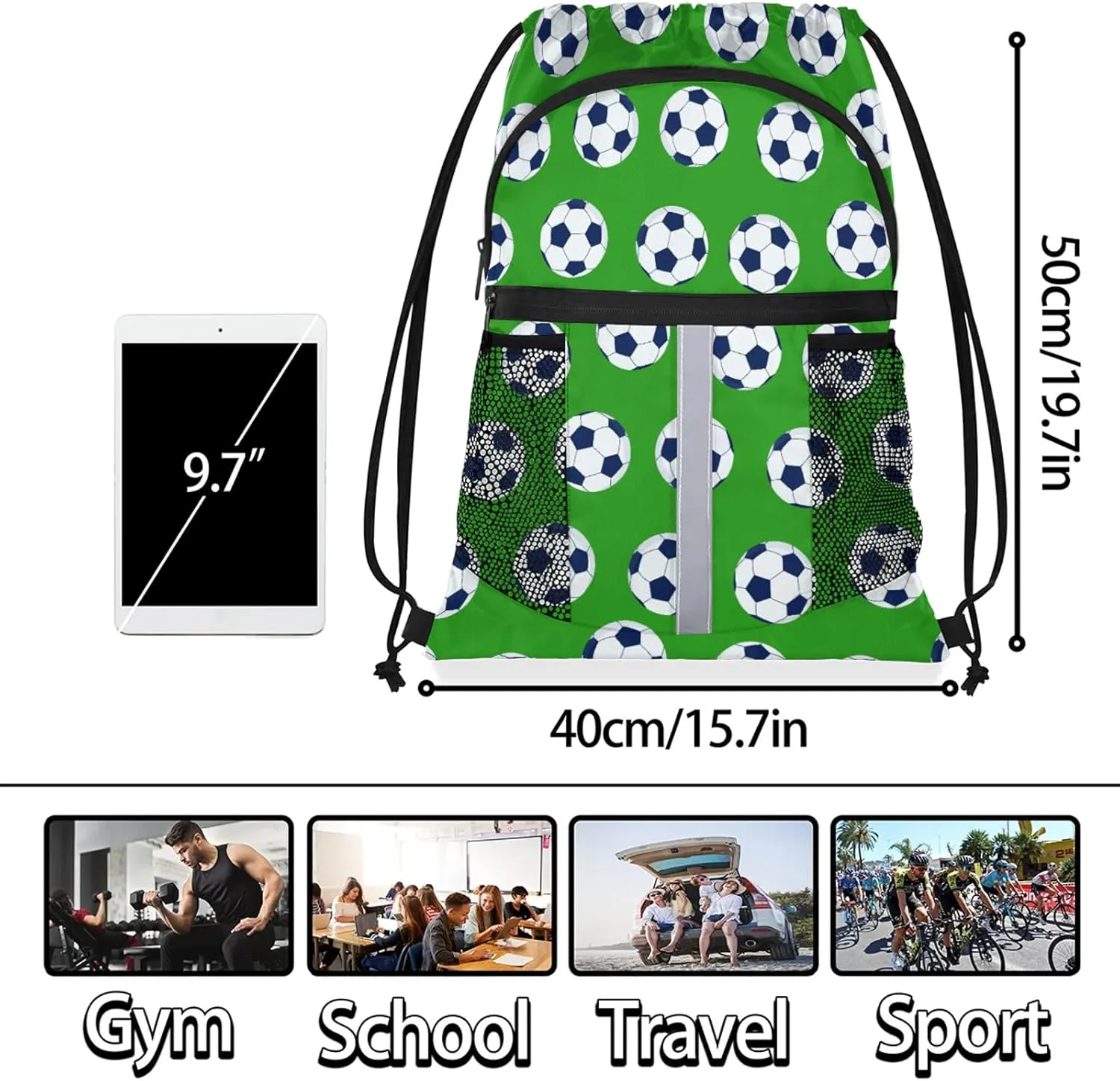 Soccer Drawstring Backpack Green Sports Gym Sackpack for Women Men Waterproof String Bag with Mesh Pockets