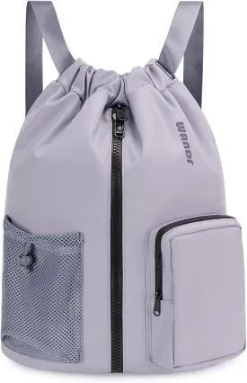 WANDF Drawstring Backpack Sports Gym Bag with Shoes Compartment, Water-Resistant String Beach Sackpack Swim Bag for Women and Men (Grey)