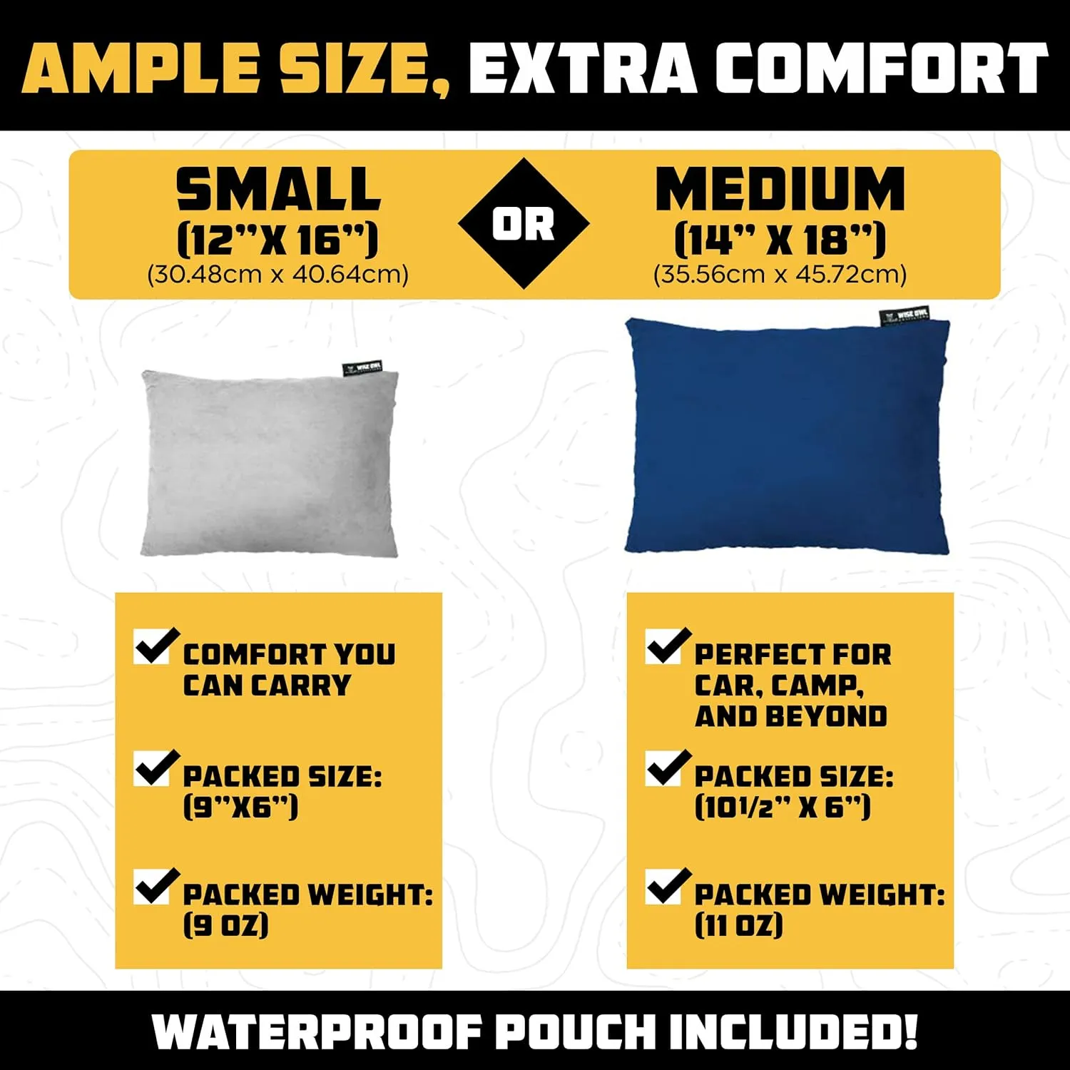Wise Owl Outfitters Camping Pillow  Memory Foam Travel Pillow for Airplane Sleeping, Hiking, Backpacking & Outdoor Use - Small & Portable for Adults, Car, Camp & Tent
