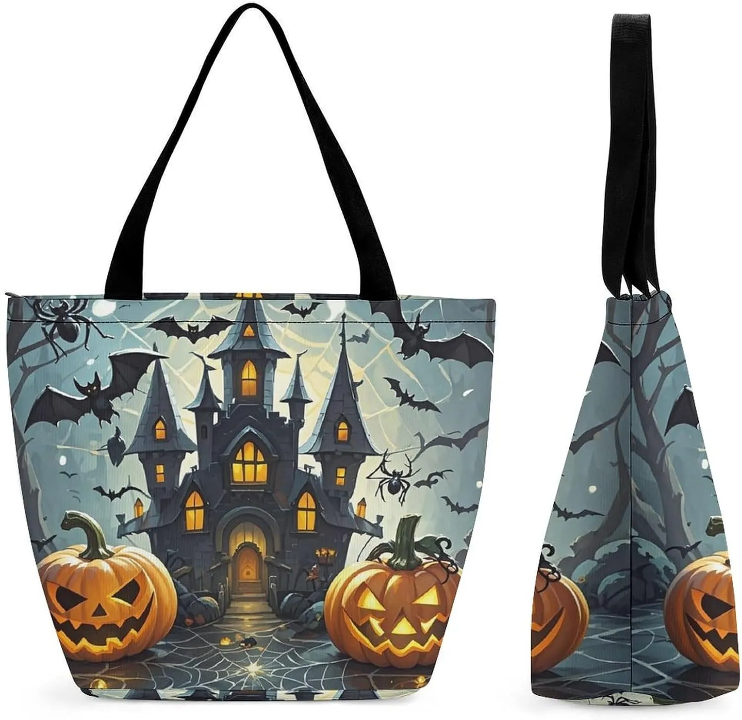 Women Tote Bags with Handles Pumpkin Lantern Castle Shoulder Bag with Zipper Handbags Shopping Bags Travel Bag Beach Bag Reusable Grocery Bag for Swim Holiday Gift