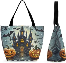 Women Tote Bags with Handles Pumpkin Lantern Castle Shoulder Bag with Zipper Handbags Shopping Bags Travel Bag Beach Bag Reusable Grocery Bag for Swim Holiday Gift