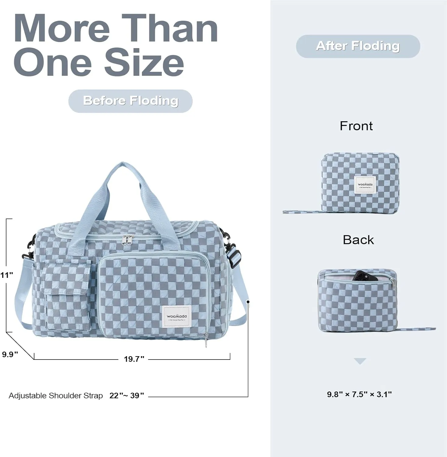 WOOMADA Foldable Travel Duffel Bag with Shoes Compartment, Overnight Bag with Wet Pocket & Trolley Sleeve, Weekender Bags for Women (blue checkerboard)
