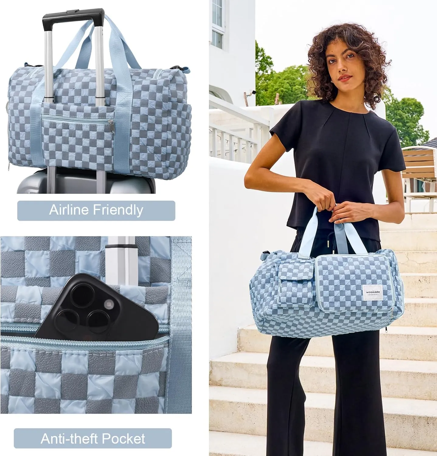 WOOMADA Foldable Travel Duffel Bag with Shoes Compartment, Overnight Bag with Wet Pocket & Trolley Sleeve, Weekender Bags for Women (blue checkerboard)