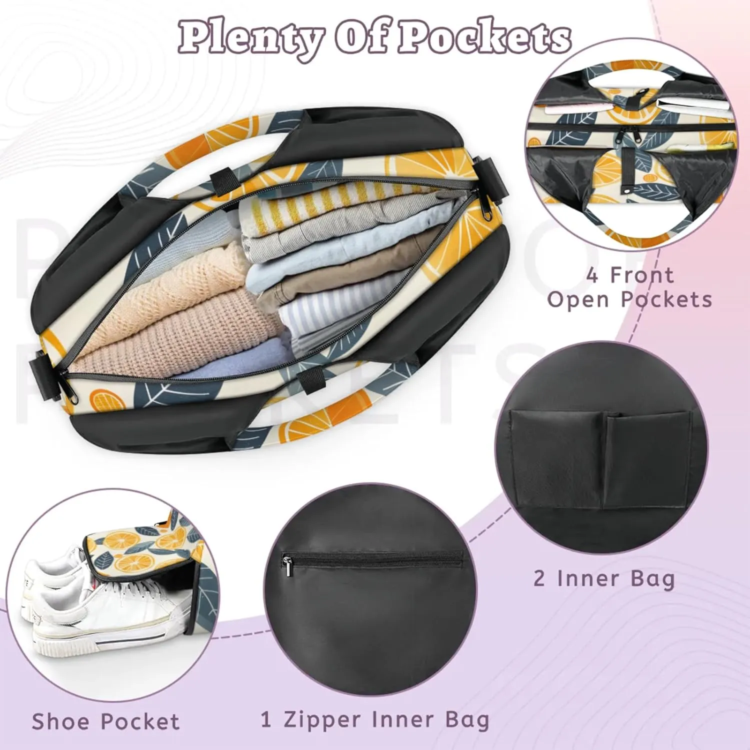 Yoga Tote Bag for Women Oranges Slices Leaves Beach Bag with Shoe Storage & Yoga Mat Strap Waterproof Weekender Duffle Bag for Travel Fitness Weekend Trips