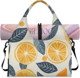 Yoga Tote Bag for Women Oranges Slices Leaves Beach Bag with Shoe Storage & Yoga Mat Strap Waterproof Weekender Duffle Bag for Travel Fitness Weekend Trips