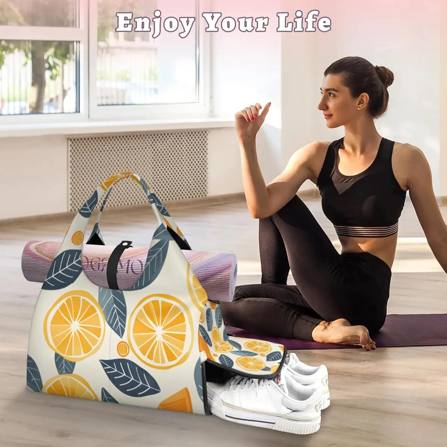 Yoga Tote Bag for Women Oranges Slices Leaves Beach Bag with Shoe Storage & Yoga Mat Strap Waterproof Weekender Duffle Bag for Travel Fitness Weekend Trips
