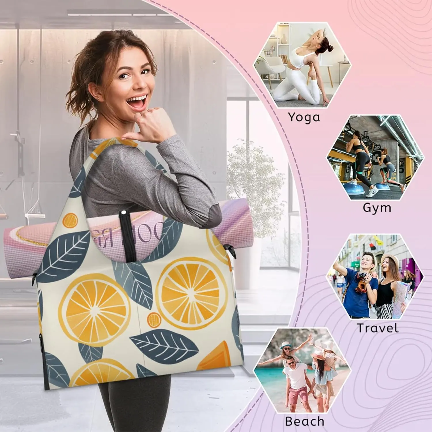 Yoga Tote Bag for Women Oranges Slices Leaves Beach Bag with Shoe Storage & Yoga Mat Strap Waterproof Weekender Duffle Bag for Travel Fitness Weekend Trips
