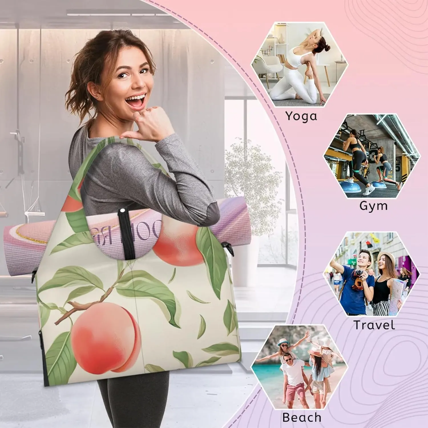 Yoga Tote Bag for Women Peach Leaf Beach Bag with Shoe Storage & Yoga Mat Strap Waterproof Weekender Duffle Bag for Travel Fitness Weekend Trips