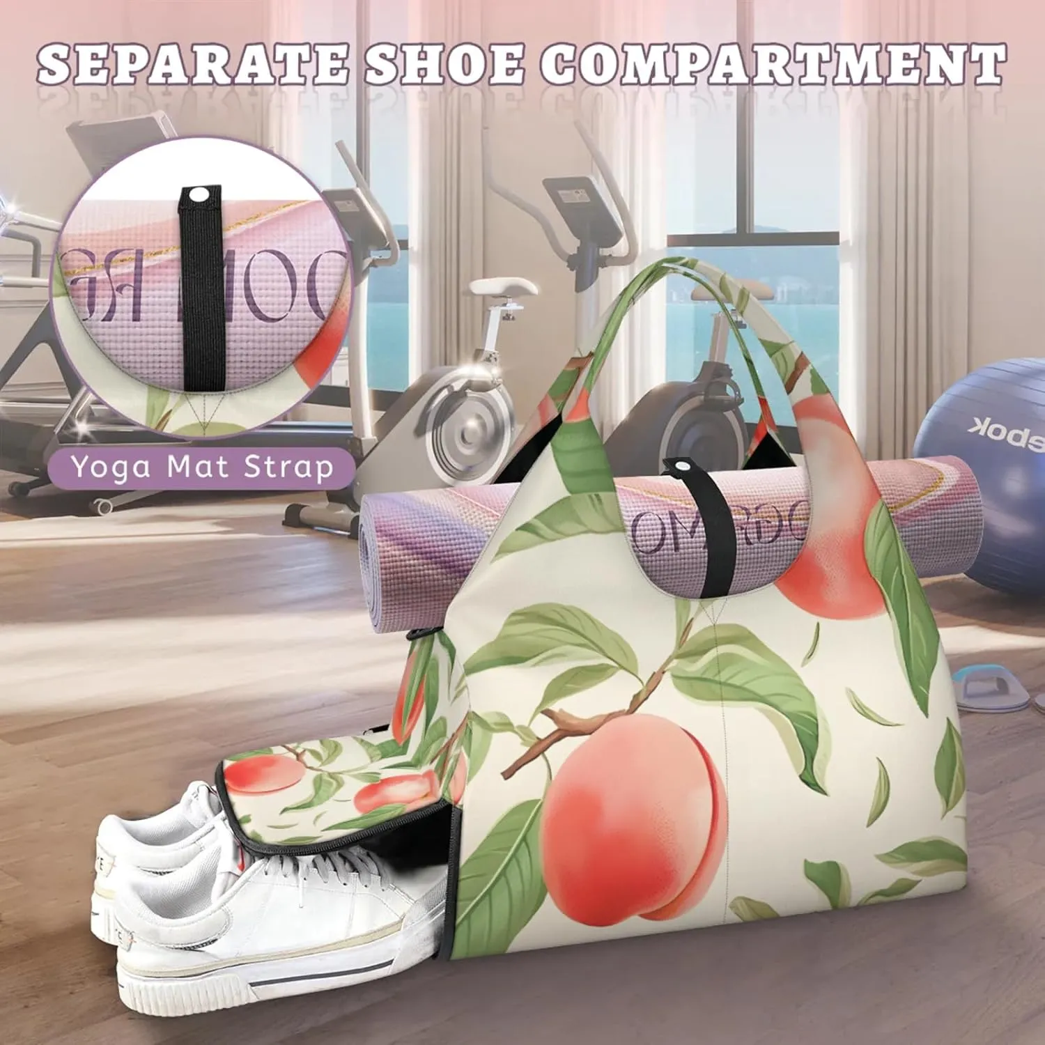 Yoga Tote Bag for Women Peach Leaf Beach Bag with Shoe Storage & Yoga Mat Strap Waterproof Weekender Duffle Bag for Travel Fitness Weekend Trips