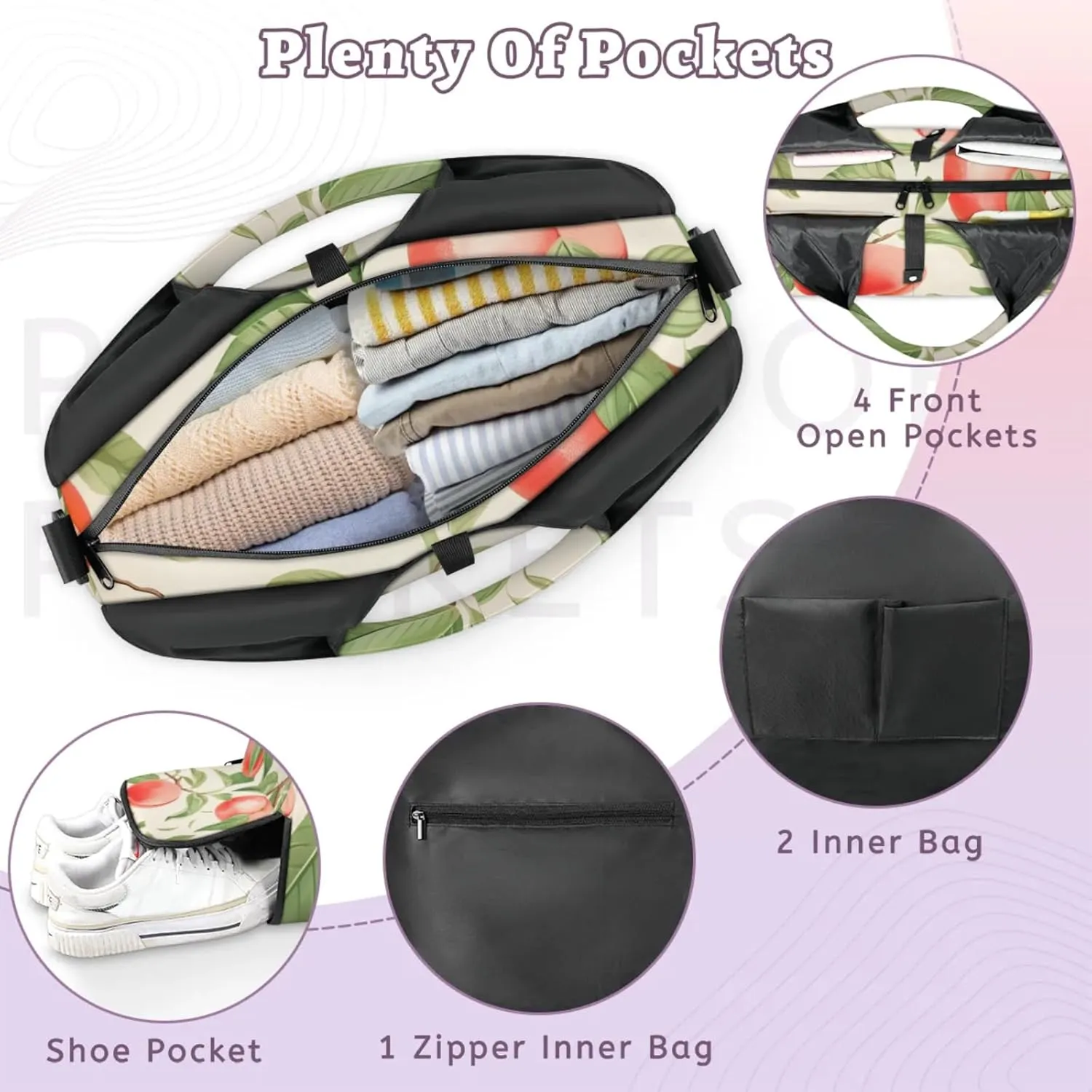 Yoga Tote Bag for Women Peach Leaf Beach Bag with Shoe Storage & Yoga Mat Strap Waterproof Weekender Duffle Bag for Travel Fitness Weekend Trips